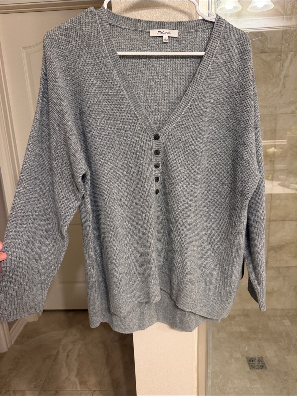 EUC Madewell Heathered Light Blue V-Neck Button Knit Sweater